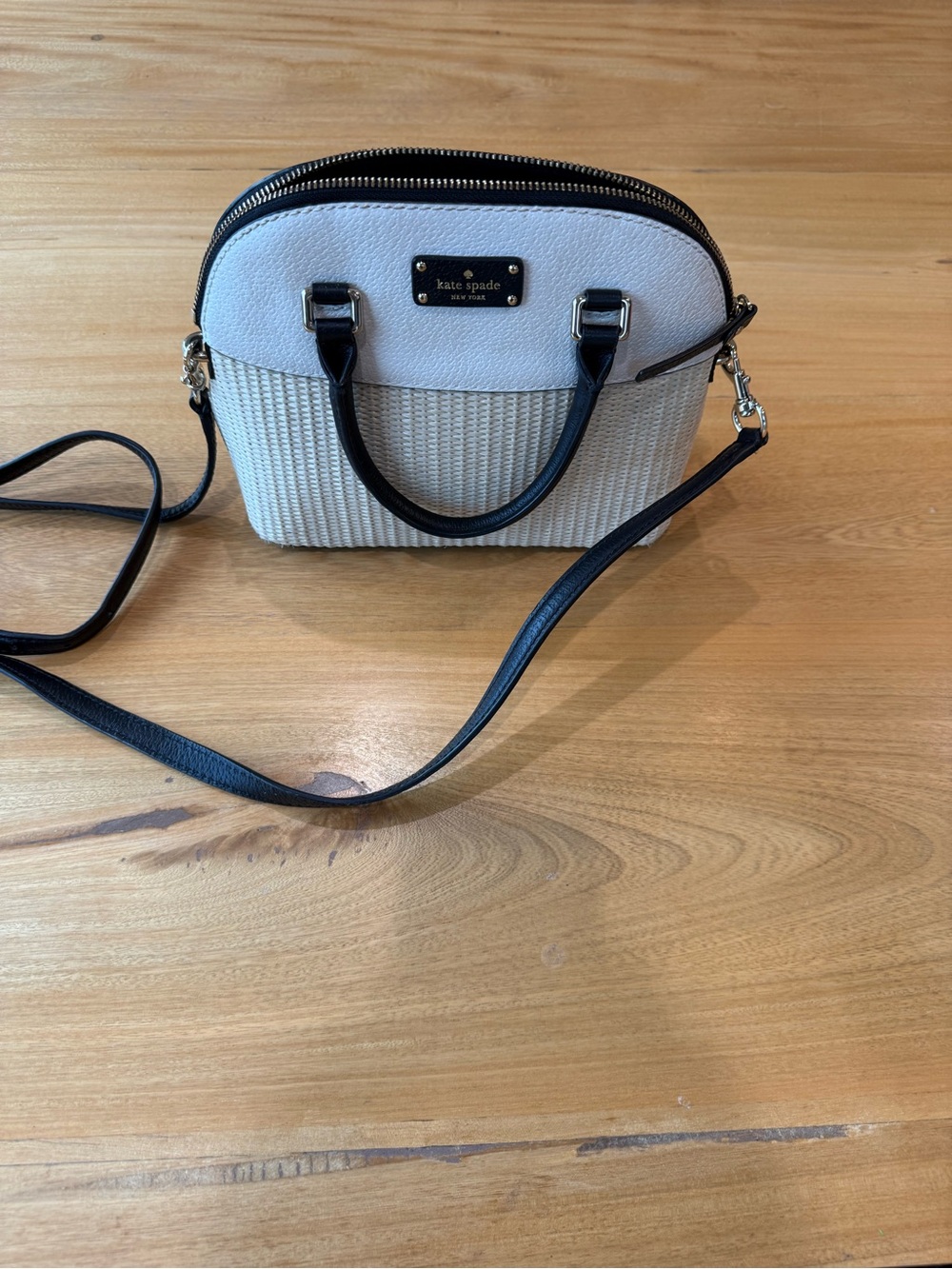 kate spade Cream and Black Woven Dome Satchel with Crossbody Strap - Picture 2 of 4